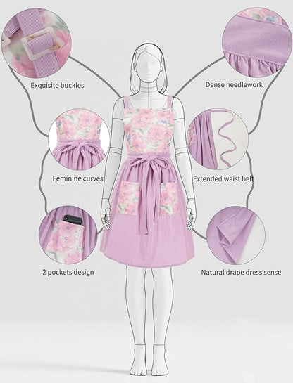 Pinknoke Vintage Pinafore Apron Dress for Women with Pockets Cute Floral Chef Aprons for Kitchen Cooking Baking Gardening