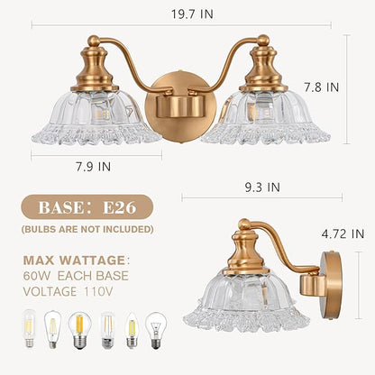 Gold Bathroom Light Fixtures Over Mirror, 2 Light Vintage Bathroom Vanity Light Fixture with Clear Flower Glass Shades, Retro Brass Vanity Lights for Bathroom, Bathroom Vanity Lights Over Mirror