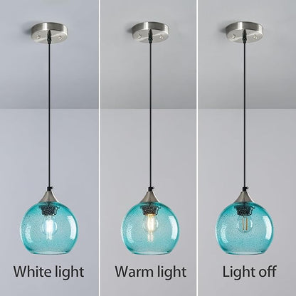 Light Blue Glass Pendant Lights Kitchen Island Globe Pendant Light Fixtures Modern Pendant Lighting for Bedroom Living Dining Room Light Fixture (5.9 in, 3 Pack)