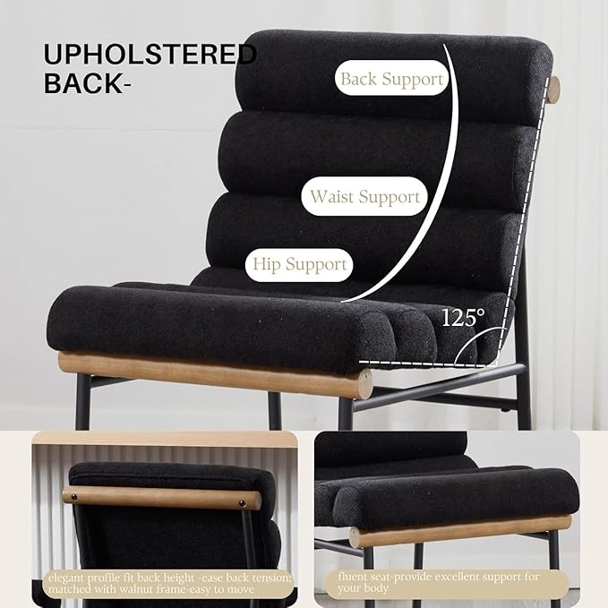 Black Linen Bar stools Set of 6, 25” Modern Upholstered Counter Stools with Black Metal Legs, Armless Counter Height Barstools with Channel Tufted Back for Kitchen Island Home Pub