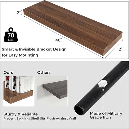 Venusmiles Floating Shelves for Wall, 40" W x 12" D x 2" H, 1 Pack of Long Wall Mounted Engineered Wood Shelves with Invisible Brackets for Living Room, Bedroom, Bathroom, Kitchen Decor, Walnut