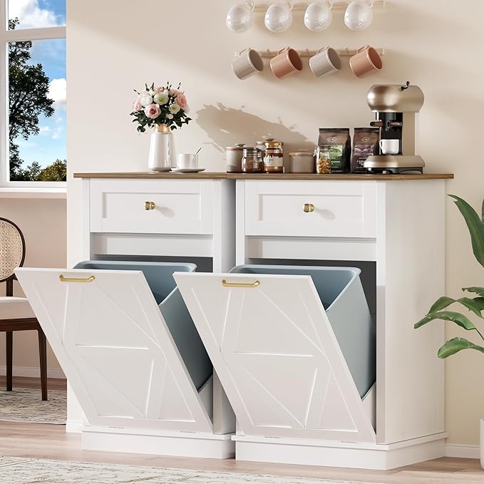 YESHOMY 10 Gallon Tilt-Out Trash Cabinet, Wooden Hidden Garbage Can Holder with Storage Drawers for Kitchen and Dining Room, White (2 Piece)