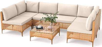 DWVO 7 Pieces Patio Furniture Set, PE Rattan Wicker Patio Conversation Set for Patio Backyard Poolside Porch, Outdoor Sectional Sofa with Coffee Table & Cushions