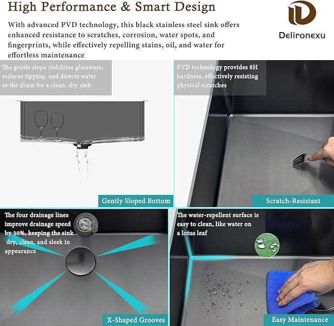 30 Inch Black Undermount Kitchen Sink - Delironexu Single Bowl Kitchen sinks, 16 Gauge Stainless Steel kitchen Sink Black with 4 Accessories, 30"x18"x9", Modern Design