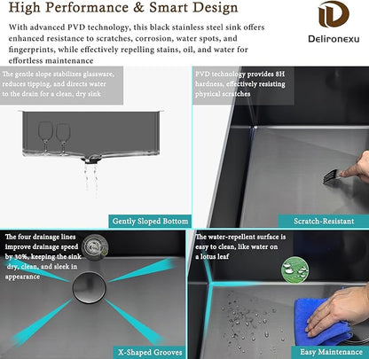 30 Inch Black Undermount Kitchen Sink - Delironexu Single Bowl Kitchen sinks, 16 Gauge Stainless Steel kitchen Sink Black with 4 Accessories, 30"x18"x9", Modern Design
