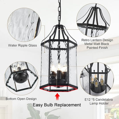 10" Modern 5-Light Exterior Black Lantern Pendant Light Fixture with Clear Rippled Glass Mini Industrial Hanging Cage Chandelier for Outdoor Kitchen Dining Room Hallway Entryway Foyer Porch