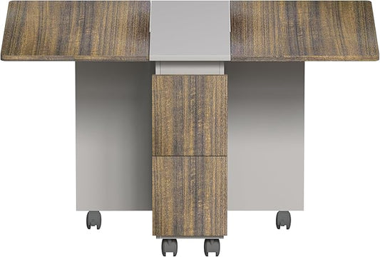 Folding Dining Table with Wheels, Wood Folding End Table with Wheels, Dining Table with Storage Rack and Drawers (Brown+Gray, 55.12)