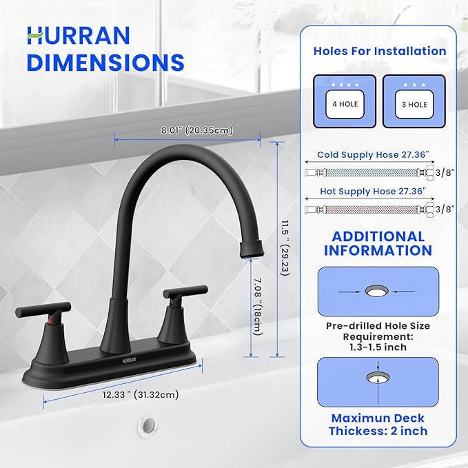 HURRAN 2 Handle Kitchen Sink Faucet, 8 Inch High Arc 360°Swivel Kitchen Sink Faucet, 3 Hole Kitchen Faucet Without Side Sprayer, Centerset RV Kitchen Faucet with Stainless Steel Pipe, Black