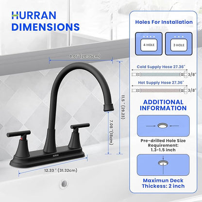 HURRAN 2 Handle Kitchen Sink Faucet, 8 Inch High Arc 360°Swivel Kitchen Sink Faucet, 3 Hole Kitchen Faucet Without Side Sprayer, Centerset RV Kitchen Faucet with Stainless Steel Pipe, Black