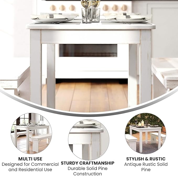 Flash Furniture HERCULES Series 46" x 30" Rectangular Antique Rustic White Solid Pine Farm Dining Table