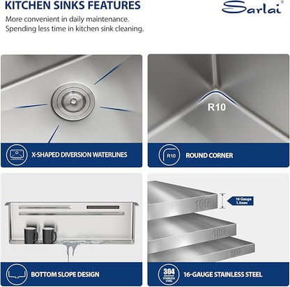 Sarlai 33 Inch Waterfall Kitchen Sink - Undermount Kitchen Sink With Waterfall Ledge Workstation Stainless Steel 16 Gauge Multifunction Single Bowl Under Mount Sinks Basin with Faucet
