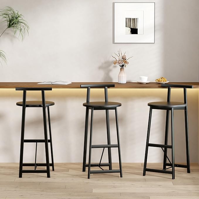 3-Piece Counter Height Bar Stool Set - Armless Back Stools for Kitchen Island (Black + MDF + Modern)