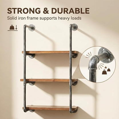 Industrial Wall Mounted Iron Floating Pipe Wood Shelves/Shelving/Racks/Storage/Bookcases/Brackets, DIY Open Bookshelves/Shelving for Kitchen/Office, Retro Black, Brown