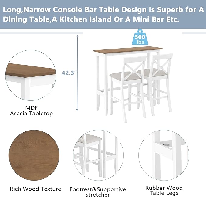 LUMISOL 3 Piece Pub Bar Table and Chairs Set, Solid Wood Counter Height Bar Table Set for 2, High Top Dining Table Set for Kitchen, Breakfast Nook, White + Beige