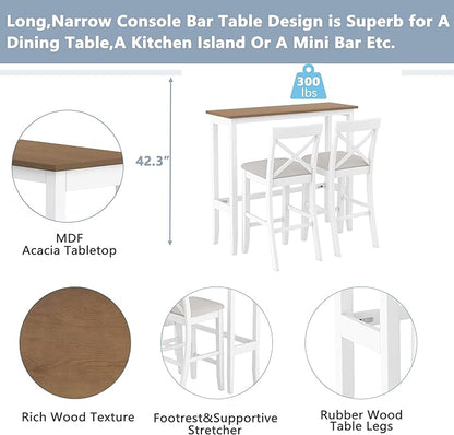 LUMISOL 3 Piece Pub Bar Table and Chairs Set, Solid Wood Counter Height Bar Table Set for 2, High Top Dining Table Set for Kitchen, Breakfast Nook, White + Beige