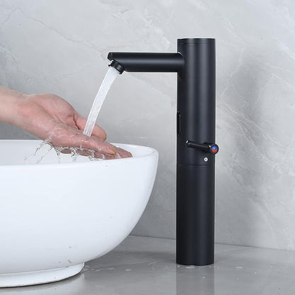 Automatic Touchless Bathroom Sink Faucet Tall Body Motion Activated Sensor Hands Free Commercial Faucets Adjustable Cold Hot 1 Hole Single Handle Basin Vessel Auto Water Mixer（Matte Black）