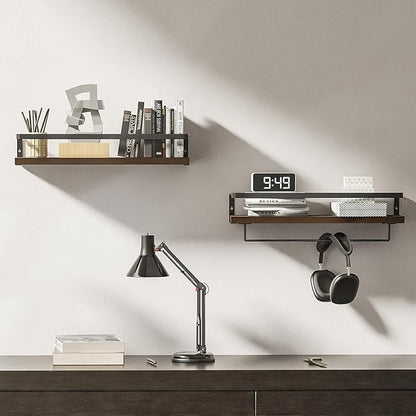 Bathroom Shelves with Towel Bar,Floating Shelves for Bathroom, Kitchen, Bedroom, Paulownia Wood, Matte Black Metal Frame - Set of 2 (Rustic Brown)