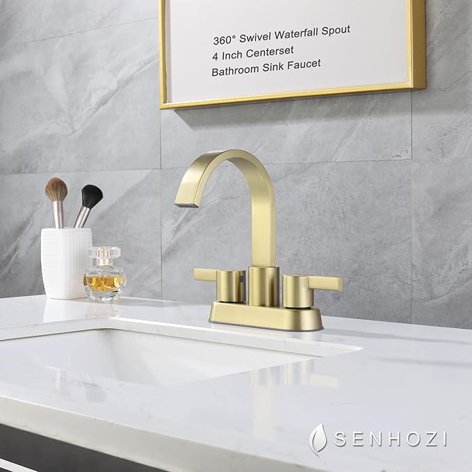 Bathroom Sink Faucet 3 Hole Brushed Gold, 2 Handle 4 Inch Centerset Stainless Steel Bathroom Faucet with Pop up Drain and 2 Supply Lines, SE-0048-BG
