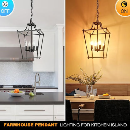 Black Lantern Pendant Light 4-Light Pendant Light Fixtures Hanging Farmhouse Chandelier with E12 Bulb Base, 12" Adjustable Lantern Light Fixture for Dining Room Kitchen Foyer