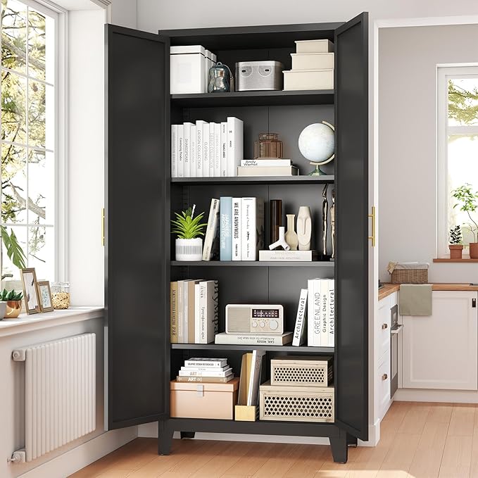 Zevemomo 70.87" H Metal Kitchen Pantry Cabinet, Freestanding Cupboard with 2 Doors and 4 Adjustable Shelves, Tall Metal Storage Cabinet for Kitchen, Bathroom, Dinning Room or Laundry Room （Black）