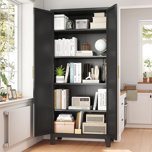 Zevemomo 70.87" H Metal Kitchen Pantry Cabinet, Freestanding Cupboard with 2 Doors and 4 Adjustable Shelves, Tall Metal Storage Cabinet for Kitchen, Bathroom, Dinning Room or Laundry Room （Black）