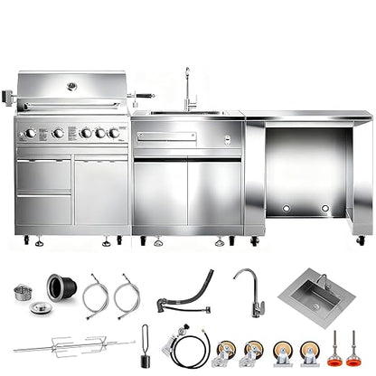 BODEGA Stainless Steel Commercial Kitchen Sinks Cabinet and Outdoor Kitchen Cabinet for Refrigerator Combo, 30 Inch Propane Gas Grill With Rotisserie Chicken Fork Kit & Spice-Rack,For Home,kitchen,RV.