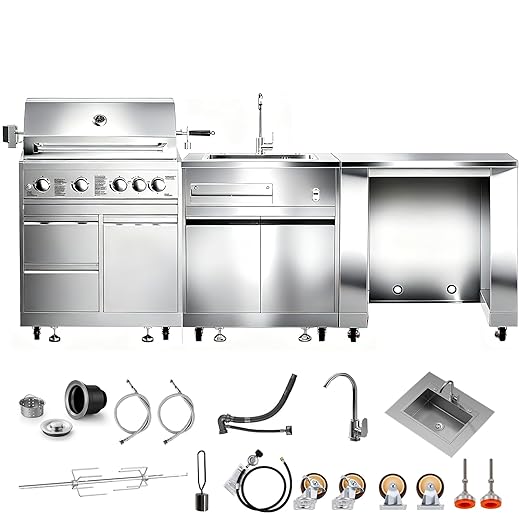 BODEGA Stainless Steel Commercial Kitchen Sinks Cabinet and Outdoor Kitchen Cabinet for Refrigerator Combo, 30 Inch Propane Gas Grill With Rotisserie Chicken Fork Kit & Spice-Rack,For Home,kitchen,RV.