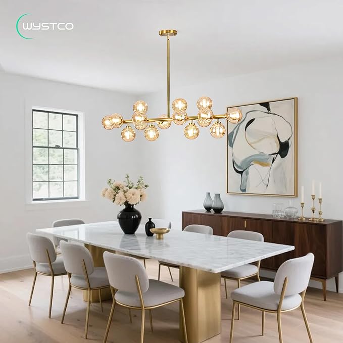16-Light Globe Sputnik Chandelier, Linear Dining Room Light Fixture Over Table, Mid Century Modern Gold Chandeliers for Dining Living Room, Kitchen Island Lighting (Amber Bubble, 40 Inch)