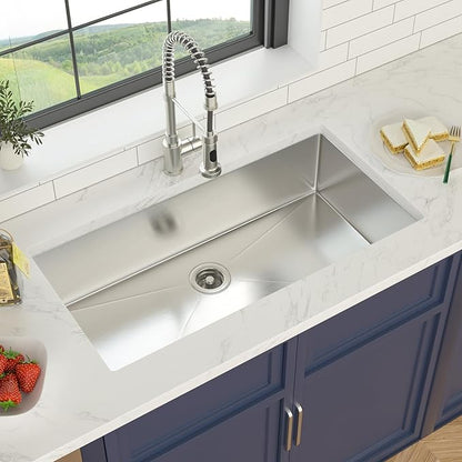 36 Inch Undermount Kitchen Sink 16 Gague Stainless Steel Single Bowl Handmade Sinks Round Corners Large Deep Under Counter Basin, 36"x19"x9"
