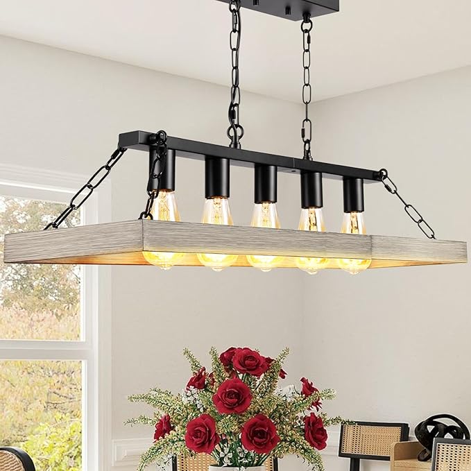 Rustic Farmhouse Chandelier for Dining Room, 31.5" Linear 5-Light Black Metal with Retro Wood Finish, Industrial Hanging Pendant Light Fixture for Kitchen Island Over Table (E26)