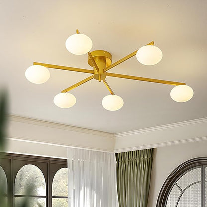 Modern Semi-Flush Mount Ceiling Light with 6 Opal Glass Shades, 39" Gold Sputnik Chandelier,Mid-Century Vintage Style, Ideal for Living Room, Dining Room, Bedroom, Cafe & Hotel