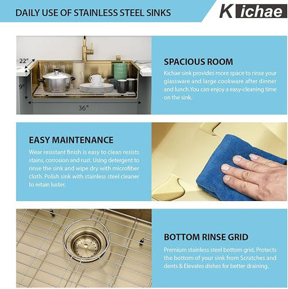 36 Inch Gold Kitchen Sink Workstation-Kichae 36x22 Drop In Kitchen Sinks 16 Gauge Stainless Steel Brushed Gold Single Bowl Large Handmade Basin with Cutting Board