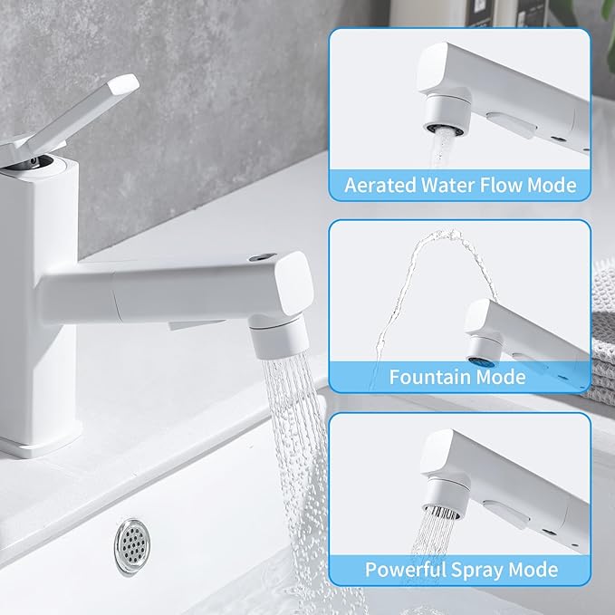 HANLIAN Single Hole Bathroom Pull Out Faucet with Rotating Spout, One Handle Faucet for Bathroom Sink, Modern Bathroom Faucet with Pull Down Sprayer, 3 Modes Vanity Faucets (White, Regular)