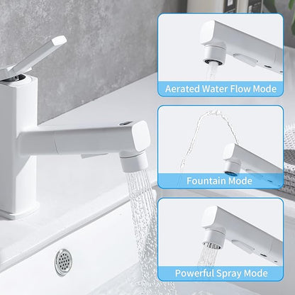HANLIAN Single Hole Bathroom Pull Out Faucet with Rotating Spout, One Handle Faucet for Bathroom Sink, Modern Bathroom Faucet with Pull Down Sprayer, 3 Modes Vanity Faucets (White, Regular)