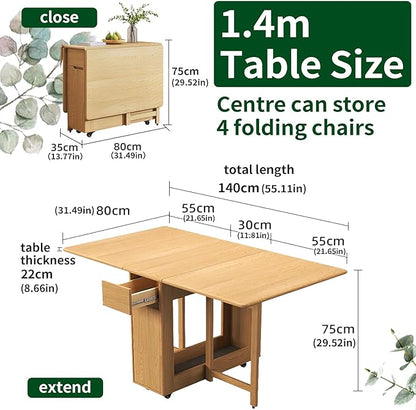 Expandable Table Dining Convertible Tables for Small Spaces Collapsible Kitchen Table Table with Wheels and Drawers Folding Desk Table,Wood Color,14cm