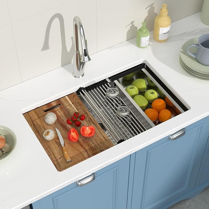 30 Inch Undermount Kitchen Sink 30x18 Workstation Undermount Sink Stainless Steel 16 Gauge 8 In Deep Single Bowl Under Counter with Accessories