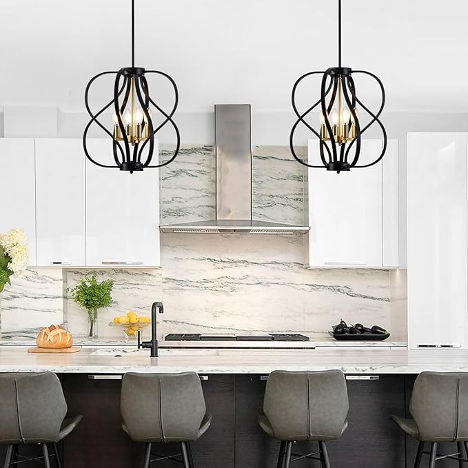 Black and Gold Chandelier Light Fixture, 18" Modern Farmhouse Industrial Chandelier, 4-Light Sphere Geometric Hanging Pendant Light Fixture for Dining Room Entryway Hallway Living Room Kitchen Island