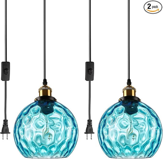 2-Pack Blue Glass Plug in Pendant Light, Boho Swag Hanging Lamps with 14.76ft Cord, Coastal Hammered Glass Globe Ceiling Hanging Lights for Bathroom Living Room Kids Bedroom
