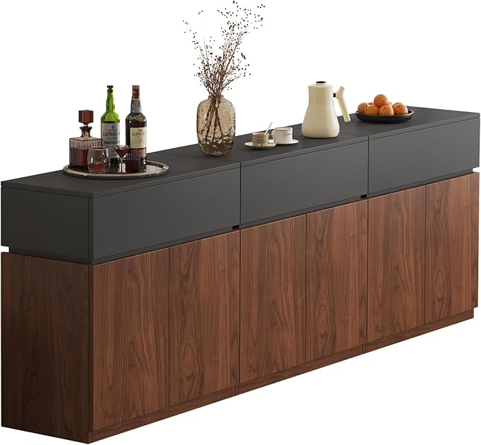 94.5"Buffet Cabinet with Drawer & Door, Console Table, Set of 3 Modular Stackable Sideboard Coffee Bar Cabinet with Adjustable Shelves, Matte Gray Walnut Storage Accent Credenza for Living Room