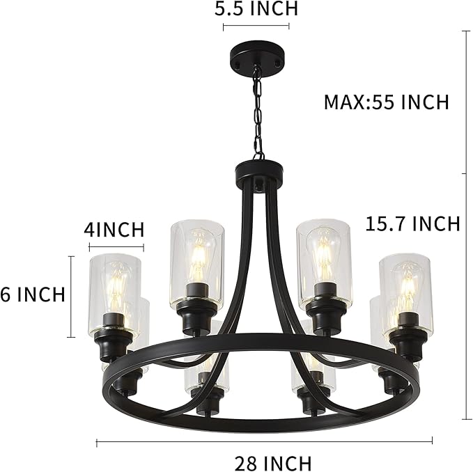 Black Wagon Wheel Chandelier 8 Lights, Rustic Chandelier Kitchen Island Lighting Industrial Chandelier with Clear Glass Shade, Farmhouse Pendant Light for Dining Room Living Room Bedroom