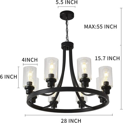 Black Wagon Wheel Chandelier 8 Lights, Rustic Chandelier Kitchen Island Lighting Industrial Chandelier with Clear Glass Shade, Farmhouse Pendant Light for Dining Room Living Room Bedroom
