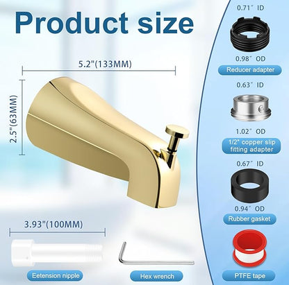 Universal Gold Tub Spout for 1/2" Copper Pipe, 1/2" IPS and 3/4" IPS, Bathtub Faucet with Diverter and Adapter and Hex Wrench (Polished Gold)