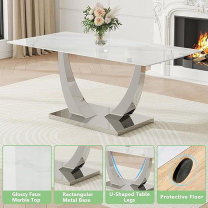 71" Modern Kitchen Table, Faux Marble Dining Room Table with 0.4" Thick Tempered Glass Top, White Dining Table with Silver U-Shaped Metal Base for Kitchen Dining Room