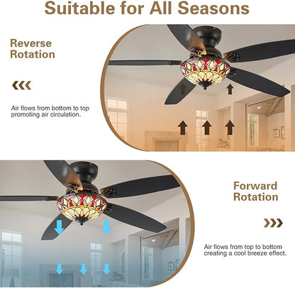 Tiffany Ceiling Fans with Lights - 52" Ceiling Fan Chandelier with 5 Dual-Blades and Glass Shade, 6 Speeds and Reversible, Indoor and Outdoor, Retro Style