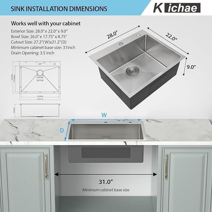 Kichae 28 Drop in Kitchen Sink - 28x22 Inch Kitchen Sink Drop in 16 Gauge Stainless Steel Single Bowl Handmade Topmount Basin with Drain Strainer