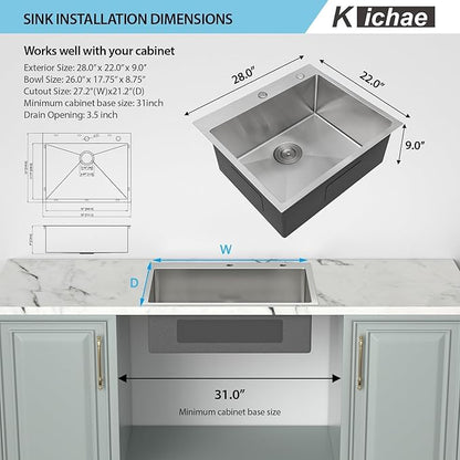 Kichae 28 Drop in Kitchen Sink - 28x22 Inch Kitchen Sink Drop in 16 Gauge Stainless Steel Single Bowl Handmade Topmount Basin with Drain Strainer