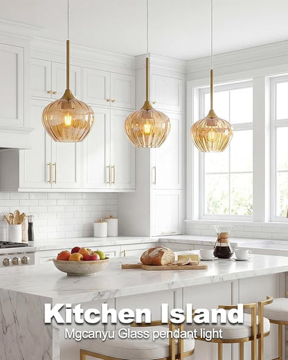 2-Pack Amber Glass Pendant Lights for Kitchen Island, 7" Modern Pendant Lighting Vintage Gold Light Fixtures Adjustable Hanging Light for Kitchen, Dining Room, Bar, Bathroom