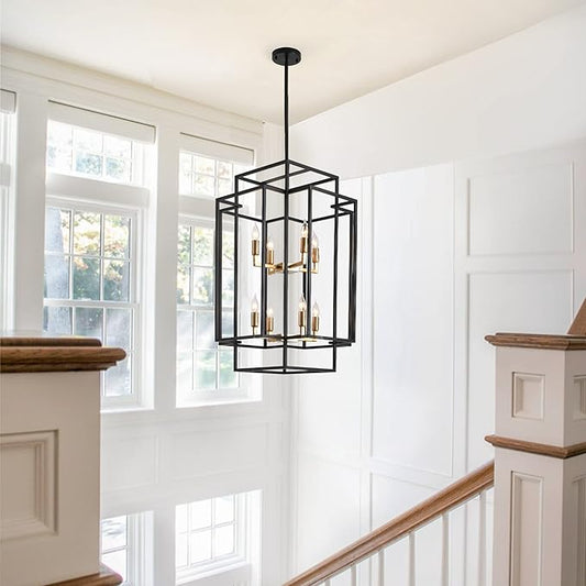 8-Lights Tiered Lantern Pendant Light, Black and Gold Farmhouse Chandelier, Industrial Large Chandeliers for High Ceiling, Modern Foyer Lighting Fixture, for Living Room Entryway Staircase