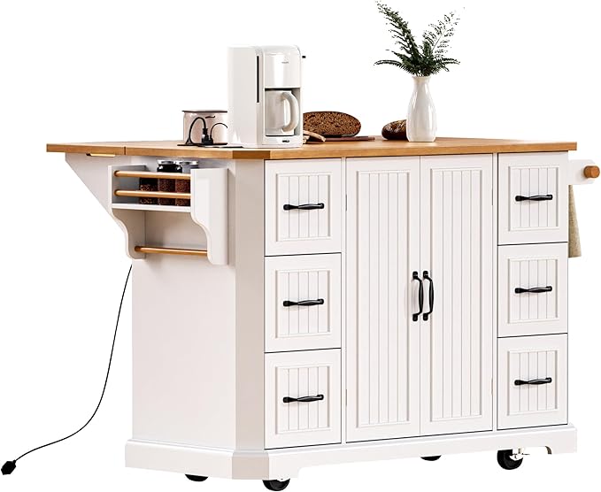 Ball & Cast 56" Large Modern Kitchen Island with Rubber Wood Veneer Drop Leaf, Power Outlet, 6 Drawers, 4 Door Shelves, White