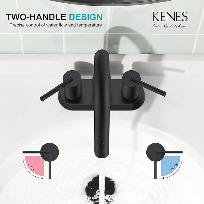 KENES Matte Black Centerset Bathroom Faucet with Pull Out Sprayer, 4 Inch 2 Handle Pull Down Bathroom Faucet 3 Hole, Bathroom Sink Faucet with Pop Up Drain & Supply Lines LJ-9069-2